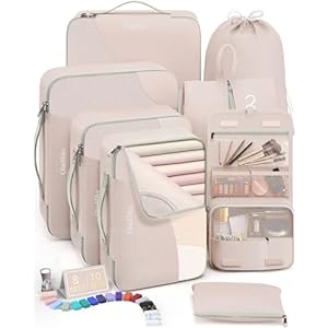 10 Set/8 Set Packing Cubes for Travel, Gifts for Women Mom,Anti-Tearing Suitcase Organizer for Luggage with Shoe & Hanging Toiletry Bag,OlarHike Vacation Essentials & Accessories for Cruise Ship,Cream