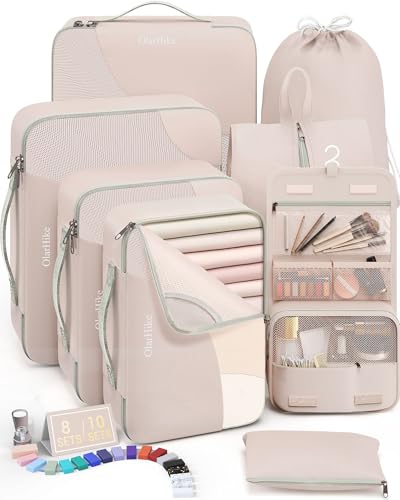 10 Set/8 Set Packing Cubes for Travel, Gifts for Women Mom,Anti-Tearing Suitcase Organizer for Luggage with Shoe & Hanging Toiletry Bag,OlarHike Vacation Essentials & Accessories for Cruise Ship,Cream
