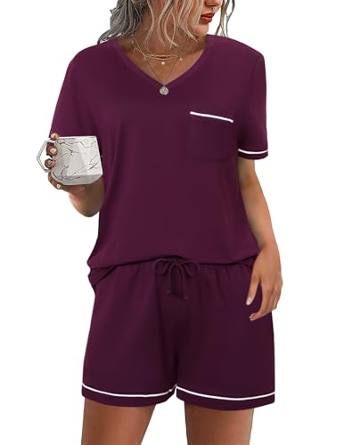 Litherday Pyjama Femme Ensemble Été Short à Manches Courtes Coton Ensemble de Pyjama Confortable Vêtement 2 Pièces avec Poches Violet L