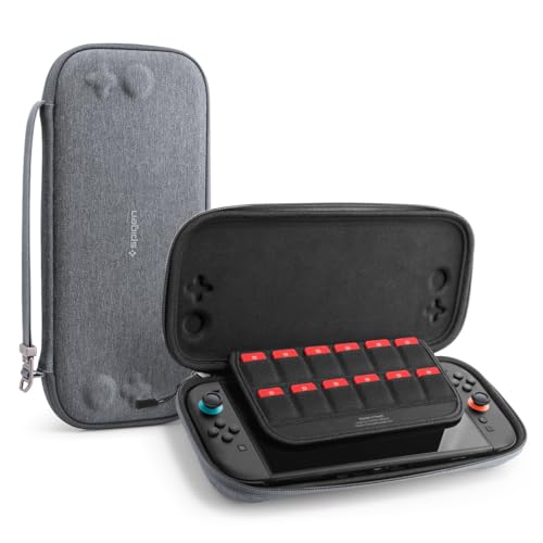 Image of Spigen Klasden Pouch Version 2 for Switch 2 (2025) Case with 12 Game Cartridges, Rear Grip and G Hook Hard Shell Travel Pouch - Charcoal Gray