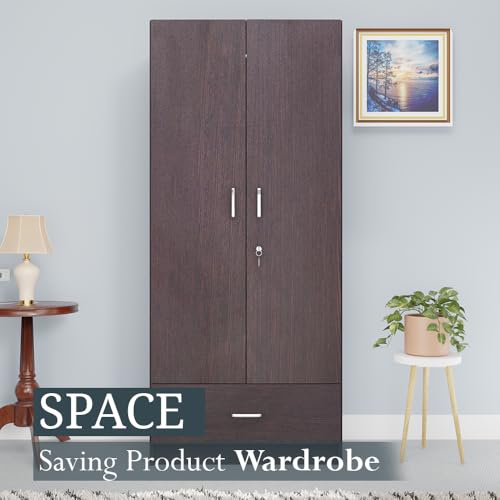 Image of VIKI Wardrobe | Wooden Almirah for 2 Door Wardrobe with 1 Drawer & Hanging Space (Dark Wenge - 40D x 80W x 180.8H) | 1 Year Warranty | Free Assembly