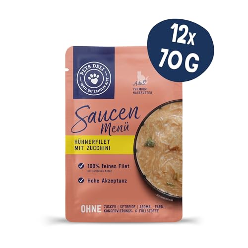 Pets Deli Nassfutter für Katzen Saucen Menü mit Hühnerfilet und Zucchini ohne Zucker und Gluten 12 x 70g