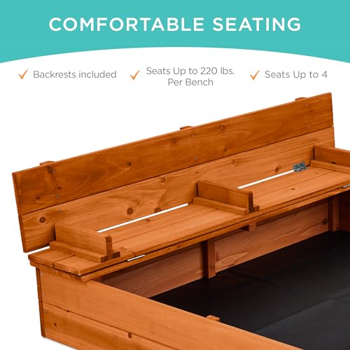 Image of Best Choice Products Large Outdoor Wooden Sand Box for Kids, Sandbox with Cover, Bench Seats Support up to 220 lbs, Bottom Liner for Drainage, Cedar Wood - Brown