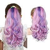 SEIKEA Ponytail Extension, 18' Lightweight Wavy Curly Clip in Pony Tails, Colored Hair Extensions for Kids, Crazy Hair Day Accessories for Girls Synthetic Hairpiece Pink Purple