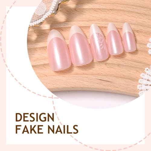 Image of Almond Press on Nails White French Tip Fake Nails Flower Glue on Nail Press ons with Rose Design Glossy Full Cover Valentines Stick on Nail for Women Manicure 24Pcs