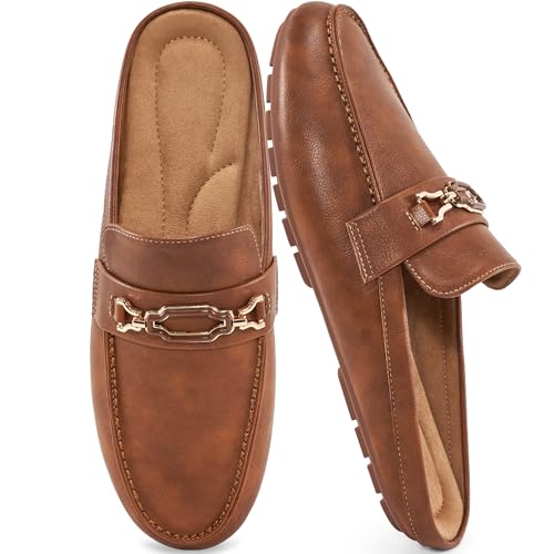 Ablanczoom Mules for Women Flat Shoes: Comfortable Slip on Flats for Womens Mule Metal Chain Backless Loafers Business Casual Shoe Brown
