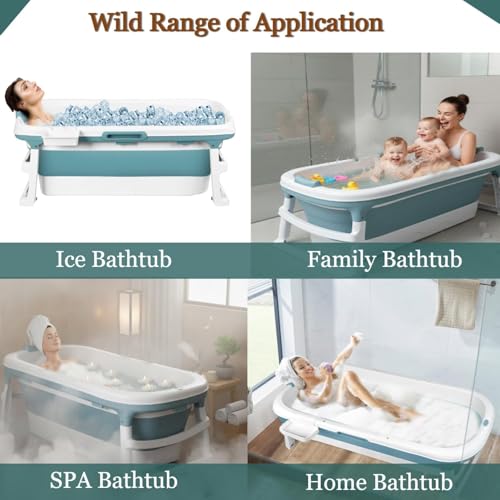 Image of Large Bathtub for Adults 6 Feet Foldable bath tub for bathroom with Temperature Meter and bath pillow 132Lx62Wx52H CM Hot and ice spa bathtub for home Portable adult-Blue