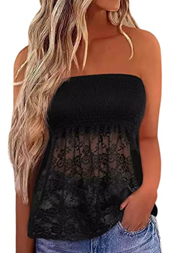 MHTOR American Flag Smocked Strapless Bandeau Tank Women 4th of July Sleeveless Casual Pleated Flowy Crop Tunic Blouses