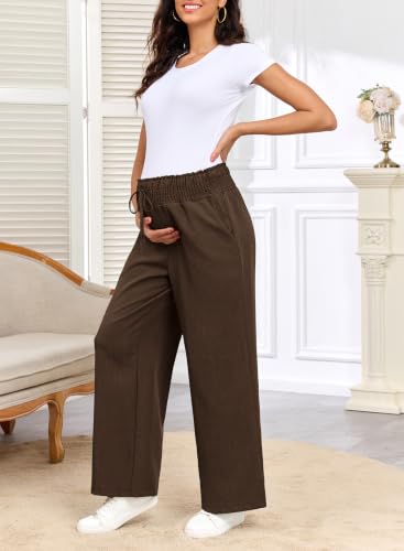 BLENCOT Womens Maternity Clothes Adjustable Waisted Straight Leg Over Belly Pregnancy Pants Dressy Lounge Palazzo Pants Fall Winter Business Casual Work Office Trousers with Pockets Small Coffee — view 5
