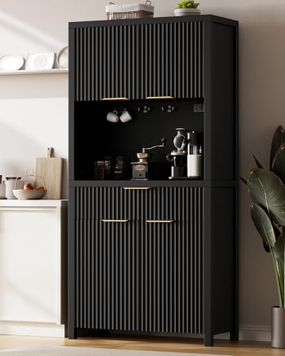 Image of Lulive 71 inch Fluted Pantry Cabinet with Charging Station, Black | Adjustable Shelves, Open Countertop, Drawer, Spacious Kitchen Storage