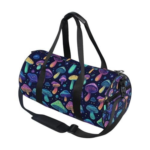 Color Mushroom Sports Duffel Bag Full Print Barrel Gym Bag with Side Zipper Pocket and Inner Compartment, Durable Lightweight Fabric for Sports, Training, Travel and Outdoor Use