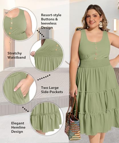 Image of RITERA Plus Size Summer Casual Dresses for Women Sleeveless Button Down Empire Waist Ruffle Tiered Swing Midi Dress XL-5XL