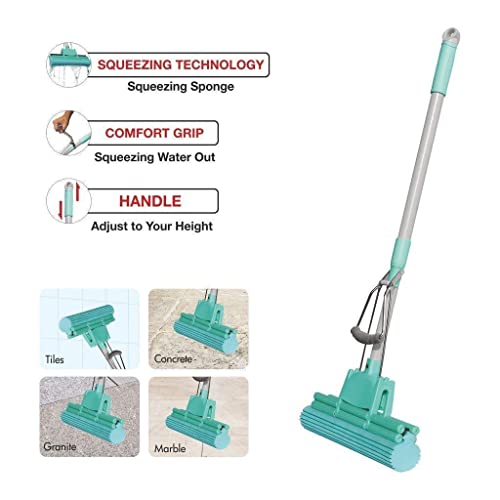 Image of Raxon Innovation Hands-Free Squeeze Mop for Floor Cleaning| Flat Squeeze Magic Mop with Telescopic Stick, Two Reusable Microfibre Pad Steel Fiber Ru Wet PVA Mop (Sponge MOP)