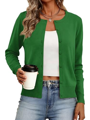 Bellcoco Cardigan Sweaters for Women Lightweight Crew Neck Button Down Long Sleeve Spring Summer Outfits Fashion Clothing 2026 Grass Green,L