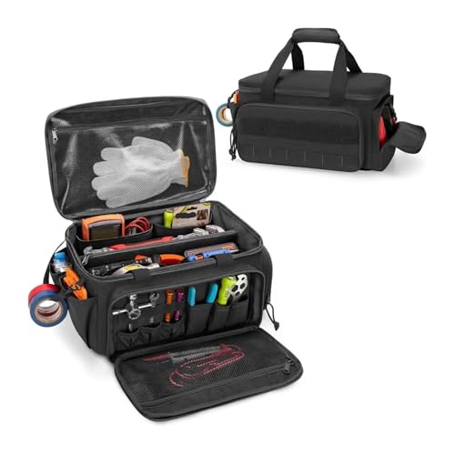 Black Tool Bag With Anti-friction Bottom Tactical Hand Tool Storage Bag Multi-purpose Work Tote For Repairman Handyman Carpenter(Black)