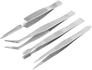 AnvFlik 4 Piece Tweezer Set Professional Craft Tweezers Stainless Steel Precision Tweezer Set for Hobby, Electronics, Model Making, Jewelry Picking Tool, Silver