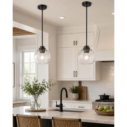 Image of Pendant Lights Kitchen Island 2 Pack, 7 inch Modern Black Hanging Lights Fixtures with Clear Glass Globe Shade, Kitchen Island Lighting for Bathroom, AD-22280-1P2-BK-C