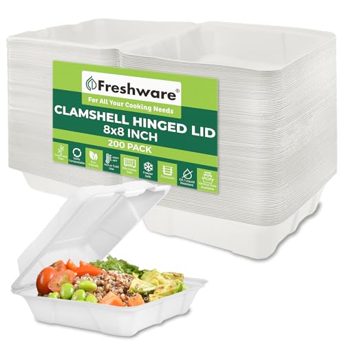 Freshware Compostable Clamshell Food Containers [8x8" 200-Pack] Disposable To Go Containers, Biodegradable Sugarcane To Go Boxes - Heavy Duty Paper Containers - Microwave & Freezer Safe, Stackable by Freshware - Used condition - US$37.64