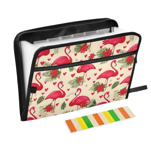 ALAZA Red Flamingo Bird Palm Expandable Filing Folder Storage Organiser Box Files, 13 Pockets Zip Filing Folders for Home or Office Documents