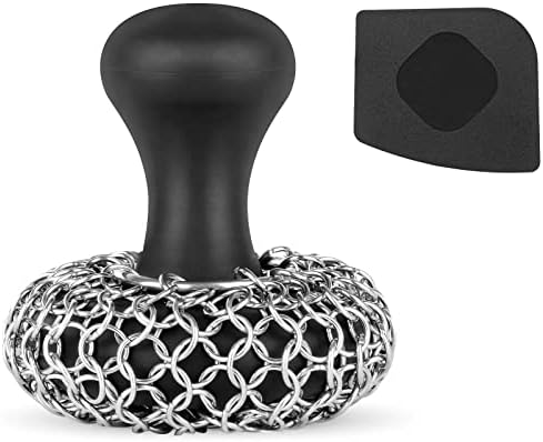 Cast Iron Scrubber + Pan Scraper – 316 Chainmail Scrubber with Silicone Handle Cast Iron Cleaner for Cast Iron Grill Pan Skillet Wok Bakeware – Comfortable to Hold – Easy to Use Dishwasher Safe, Black Cast Iron Scrubber + Pan Scraper – 316 Chainmail Scrubber with Silicone Handle Cast Iron Cleaner for Cast Iron Grill Pan Skillet Wok Bakeware – Comfortable to Hold – Easy to Use Dishwasher Safe, Black