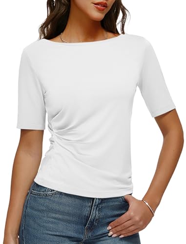 Women's Half Sleeve Boat Neck Shirts Ruched Side Slim Fit Basic Casual T Shirts Summer Casual Tee Tops Cream White