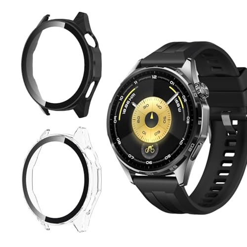 Holilo Cover Protettiva Compatibile con Huawei Watch GT 6 46mm,2 Pièces PC Custodia Rigida con Vetro Temperato, AntiGraffio Custodia Protettiva paraurti Shell Antiurto - Nero + Trasparente