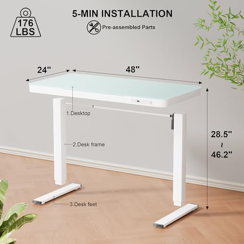 Image of Furmax Electric Glass Standing Desk with Drawer 48 x 24 Inch Adjustable Height Stand up Desk One-Piece Board Pre-Assembled Home Office Computer Desk with USB Ports, Glass Top