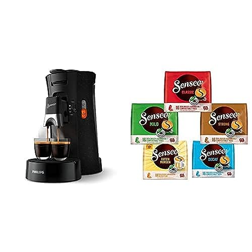 Philips Senseo Select ECO CSA240/20 Kaffeepadmaschine (schwarz/gesprenkelt) + Senseo Pads, Probierbox mit 5 Sorten, 74 Kaffeepads