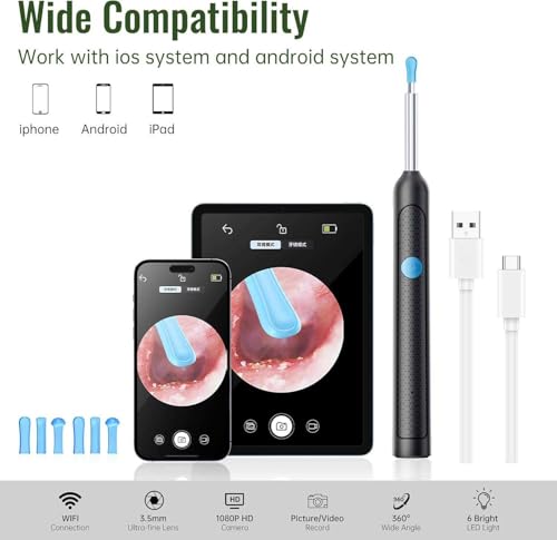 Image of Ear Cleaner Tool with Camera & LED Light, Ear Wax Removal Tool, Ear Cleaning Machine, Ear Cleaner with Camera, Ear Wax Cleaner Kit, HD Ear Camera Otoscope, Earwax Remover Tool for Adults & Kids