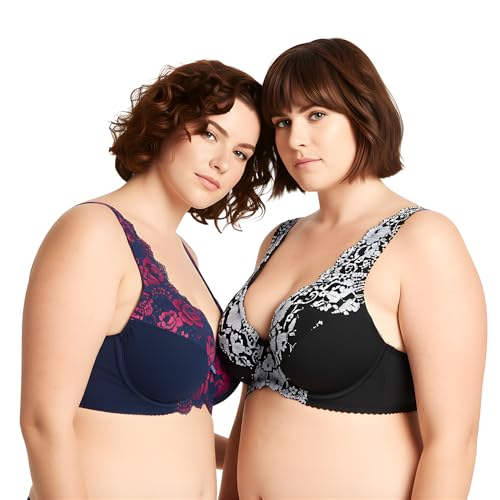 Image of Curve Muse Women's Minimizer Unlined Underwire Bra with Lace Embroidery-2 Pack