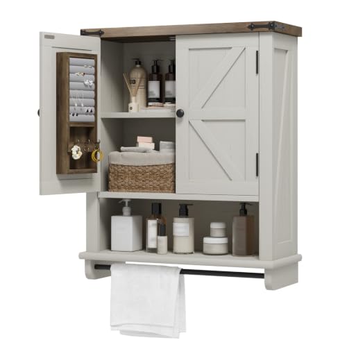 Image of QUW Farmhouse Bathroom Wall Cabinet, Modern Medicine Cabinets with Towel Bar & Jewelry Holder, Over The Toilet Storage Cabinet with Barn Door for Laundry, Living Room, Hallway, Antique White