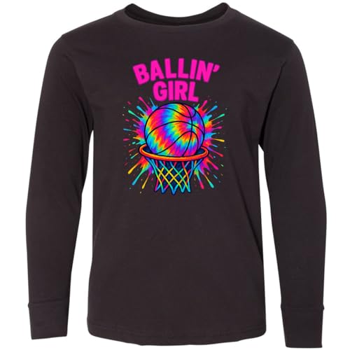 inktastic Ballin' Girl Basketball Rainbow Splash Youth Long Sleeve T-Shirt