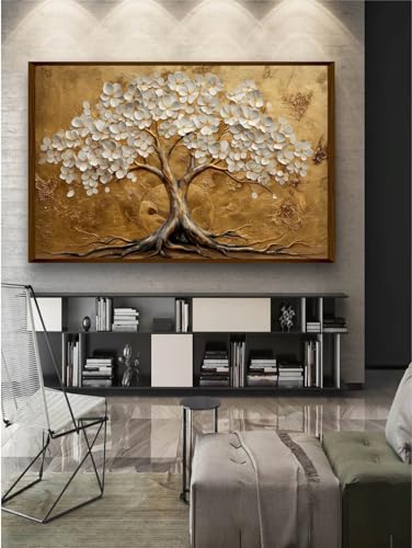 Image of Artsense Golden Tree of Life Wall Art Painting | Luxury Floral Tree Artwork with Birds | Nature Inspired Living Room Bedroom Office Hotel Wall Decor | Modern Abstract Botanical Wall Painting