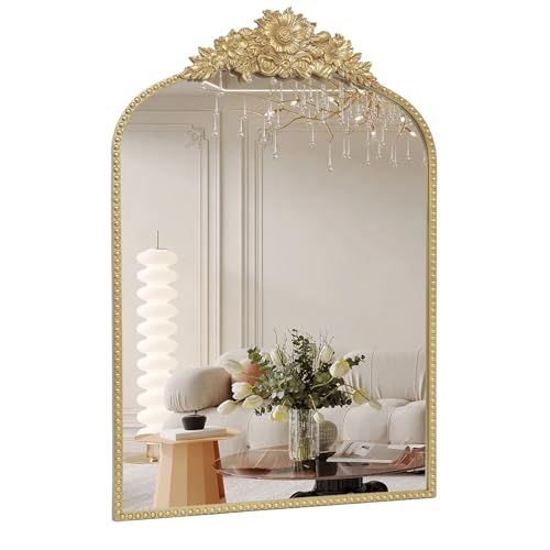 IPOUF Arch Antique Gold Mirror, 24x36inch Baroque Style Vintage Metal Frame Wall Mirror Traditional Art Home Decor for Living Room, Bedroom, Entryway