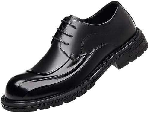 Mens Lace Up Leather Dress Shoes Thick Sole Business Casual Oxfords Top Grain Leather Round Toe Office Work Shoes Fashion Trendy Footwear