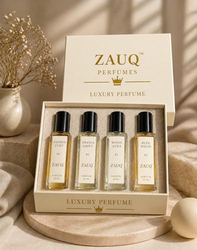 Image of ZAUQ Premium Perfume Gift Set for Men & Women | 4x20ml Parfum Collection | Orange Drift, Saffron Fury, White Aura, Blue Wood | Long Lasting French Fragrance | Perfect Luxury Gifting Box