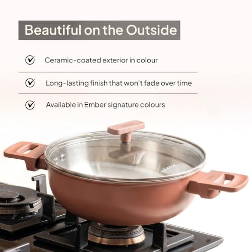 Image of Ember Cookware 5-Ply Stainless Steel Kadai with Glass Lid | 24cm 2.6L | Induction & Gas Compatible | 100% PTFE & PFOA Free | Scratch-Resistant Ceramic Exterior | Terracotta