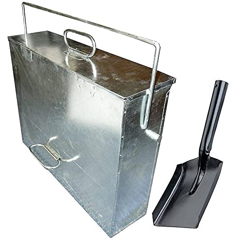 Srendi® Silver Ash Carrier Galvanised Metal Hot Tidy Box Container Fireplace Pan Bucket Bin Ash Storage Box wih Free Shovel