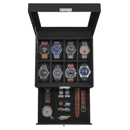 SONGMICS Watch Box, 8-Slot Watch Case Organizer with Large Glass Lid, 2 Layers, Removable Pillows, Metal Lock, Gift for Loved Ones, Black Synthetic Leather, Christmas Gift, Black Lining UJWB