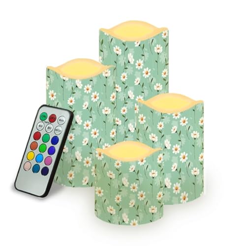 YUVAMAGIMO Daisy Flickering Flameless Candles with Remote and Timer Set of 4 Pillar Candles Battery Operated Color Changing Realistic Plastic LED Candles for Outdoor Larterns Porch Decor