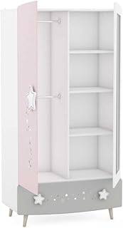 Armario Infantil Cosmos, Blanco Mate/Gris/Rosa, 95 x 51,6 x 186,8 cm, Armario Infantil Rosa Gris