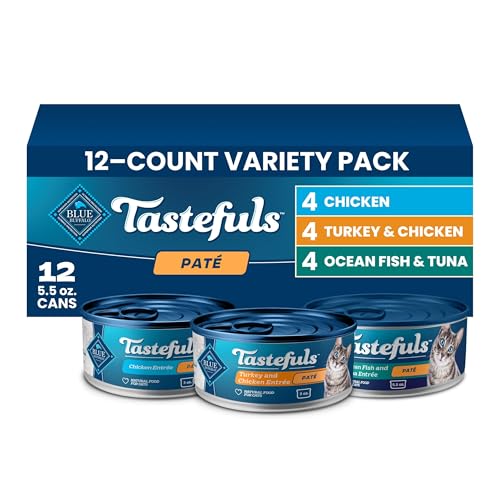 Blue Buffalo Tastefuls Wet Cat Food Pat Variety Pack (Chicken Turkey & Chicken Ocean Fish & Tuna) for Adult Cats Made with Natural Ingredients 5.5-oz. Each (12 Cans)