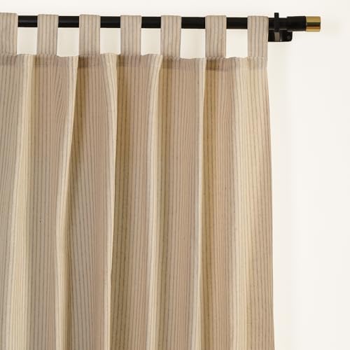 THE ART BOX Gauze Striped Curtains, Boho Linen Gauze Tab Top Hanging Curtains Light Filtering Door Window Treatment 2 Panel Drapes for Living Room Home Décor Grey on Beige (84x42 Each Panel)