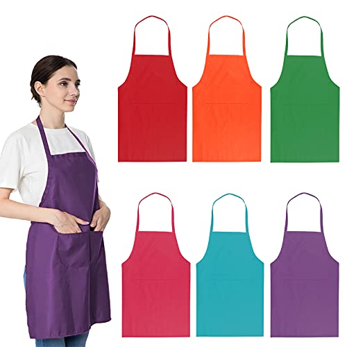 6 PCS Plain Bib Aprons for Women Men Bulk,Multicolor Apron with 2 Pockets for Painting Crafting Baking Cooking Kitchen.(6pcs-6colors) …