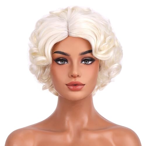 BERON Short Blonde Curly Wig Natural Platinum Blonde Wavy Wigs for Cosplay Costume Party Come with Wig Cap