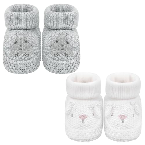 LACOFIA 2 Paires Chaussons bébé Naissance Chaussures Tricotés pour Nouveau-nés Garçons Filles 0-3 Mois Paresseux Gris+Lapin Blanc