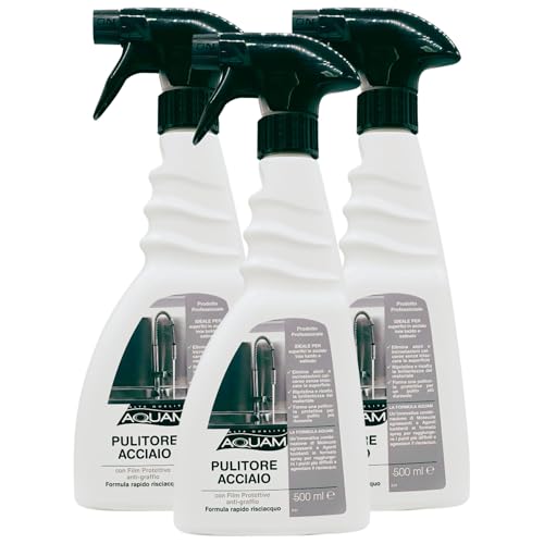 Aquam PULITORE ACCIAIO Spray, Con Film Protettivo Anti-Graffio. Ideale Per Superfici In Acciaio Inox Lucido e Satinato, Formula Rapido Risciacquo 500ml (3 Spray)
