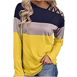 Pullover Woman Soft Slim T Shirt Asymmetrischer Ausschnitt Mode Frühlin Pullover Damens mit Schnürung Farbblock Urlaub Langarm Gelb