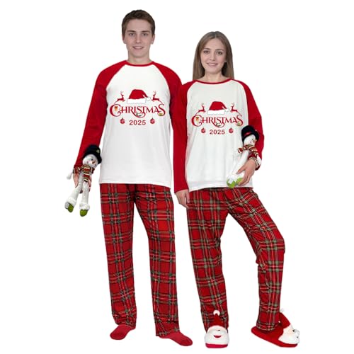 Merry Chrismtas Family Matching Pajamas Set Long Sleeves Top and Long Plaids Pants Set