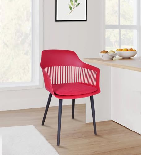 Image of Creative Red Plastic Dining Chairs Set of 1 | Armrest Spindle Back Design | Plastic Shell and Legs | 1.47 Feet Seat Height | Dining Kitchen Cafe Restaurant Living Room Home Use